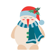 Christmas snowman in a scarf and hat with a sprig of mistletoe and berries. Winter holiday element.