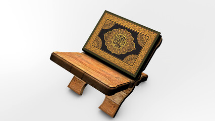 Illustrative image resulting from a 3D rendering of the object of the holy Qur'an placed on a folding table