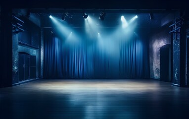 A beautiful empty theater stage with blue cabaret-style curtains, with spotlights. - obrazy, fototapety, plakaty