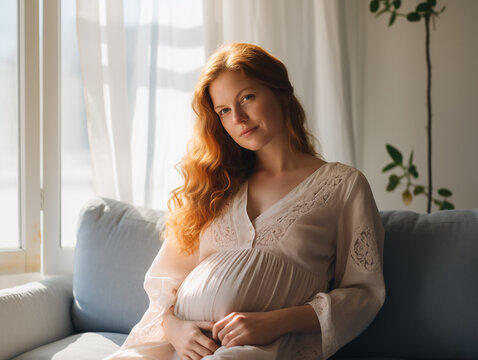 Young Pregnant Woman Relaxing on the Sofa in a Living Room