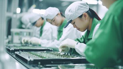 Women working in electronics factory. Electronics factory workers assembling circuit boards by hand while it stands on the assembly line. 

