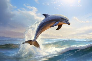 sunny day on the beach by the sea. dolphin jumps out of the water