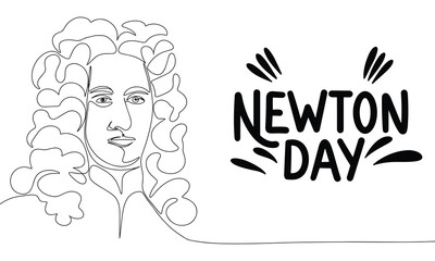 Issac Newton one line continuous banner. Line art portrait of Issac Newton with text Newton day. Issac Newton day banner. Hand drawn vector art