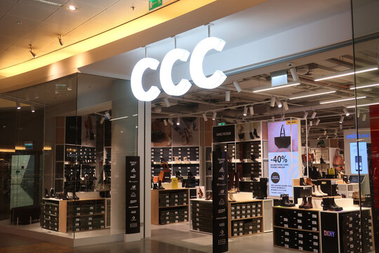 CCC shoes store with signage, logo at Zlote Tarasy shopping mall. WARSAW, POLAND - NOVEMBER 15, 2023
