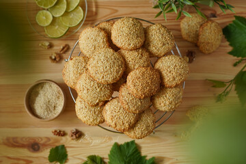 Sesame cookies, stack, top view, no people, close-up