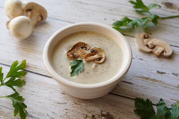 champignon mushroom puree soup, wooden background, no people, close-up