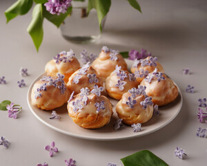dessert, eclairs, éclair, shu decorated with lilacs in sugar, light background, minimalism, no people