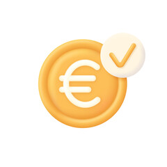 3D Euro and check mark illustration. Approved Payment icon. Successful transaction. Buy or sell currency online.