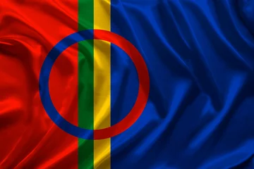 Foto auf Alu-Dibond beautiful colored national flag of lapland on textured fabric, concept of tourism, emigration, economy and politics, closeup © kittyfly