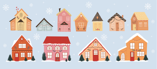 Christmas set of festive winter houses. Cozy houses decorated for the holiday collection - obrazy, fototapety, plakaty