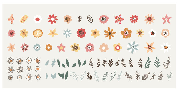 Flower collection with leaves, flower bouquets. Vector flowers. Spring art print with botanical elements in hand drawn style