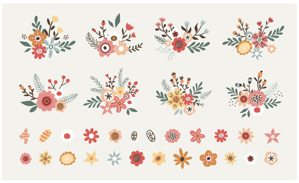 Christmas vector plants, holly berry, christmas tree, leaves branches, holiday decoration, winter symbols. floral collection with winter decorative flowers. Hand drawn elements. Happy New Year