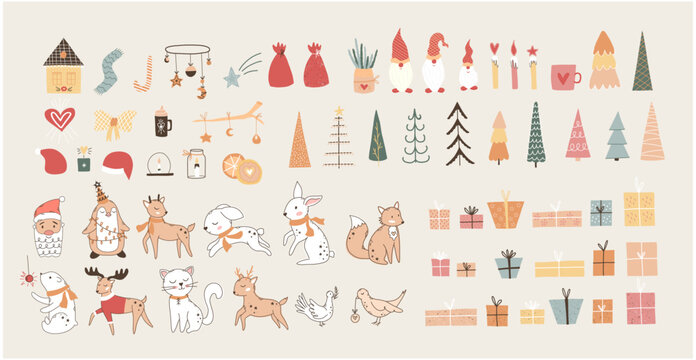 Merry Christmas set, New Year's set, with cute elements for design. Christmas tree, santa, cute animals, toys for the Christmas tree. For cards, banners, website, icons, fabrics