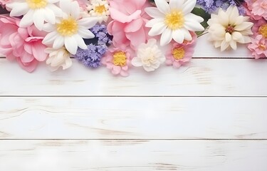 colorful spring flowers on white wooden table for greeting holiday card decor