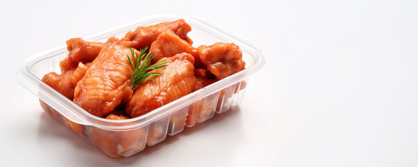 Marinated chicken fillets in a clear box, ideal for food-related banners.