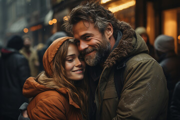 portrait of a young beautiful couple hugging on the street