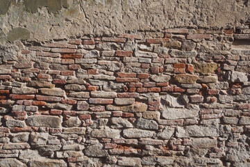 Empty Old Brick Wall Texture. Painted Distressed Wall Surface. Grungy Wide Brickwall. Grunge Red Stonewall Background. Shabby Building Facade With Damaged Plaster. Abstract Web Banner. Copy Space.