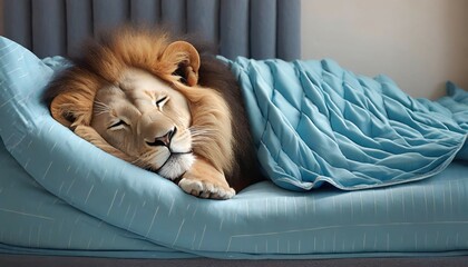 A lion sleeping in a comfy bed - obrazy, fototapety, plakaty