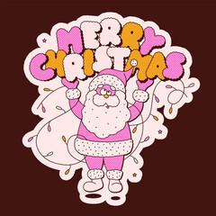 Groovy mascot Santa Claus character with letters Merry Christmas and garland. Imaginary old man with long, white hair, beard and red coat.