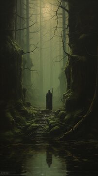 man standing forest background corridors depths plains rohan entertainment corridor path city cleric large hooded figure surreal morgana trees