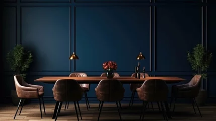 Foto op Plexiglas Home mockup, modern dark blue dining room interior with brown leather chairs, wooden table and decor. © AL