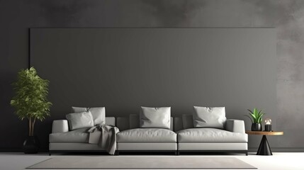Modern interior design of living room with white sofa and empty black concrete wall background.