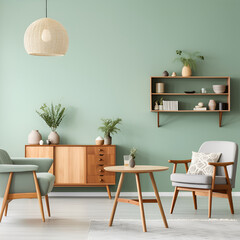 Mint color chairs at round wooden dining table in room with sofa and cabinet near green wall. Scandinavian, mid-century home interior design of modern living room - AI Generated