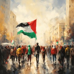 Fototapeta premium City Crowd with Flag and Smoke in Urban Society