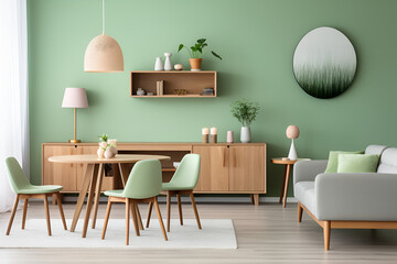 Mint color chairs at round wooden dining table in room with sofa and cabinet near green wall. Scandinavian, mid-century home interior design of modern living room - AI Generative