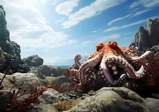 An octopus in the ocean, surrounded by marine life and a vibrant reef.