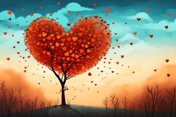 tree hearts shape heart illustration front orange background red new love promotional wind blowing leaves anomalies - obrazy, fototapety, plakaty