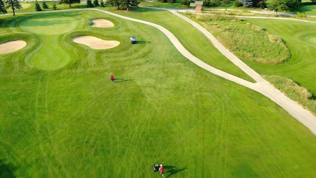 Aerial view Golf course preparation by special staff, two workers on field with carts to collect balls. Top view of beautiful green golf course and workers with carts