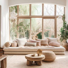 Fototapeta na wymiar Beige fabric sofa against window. Boho home interior design of modern living room