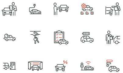 Vector Set of linear Icons Related to Tech Review, Stats Comparing, car-sharing  and Rent Car. Mono Line Pictograms and Infographics Design Elements 