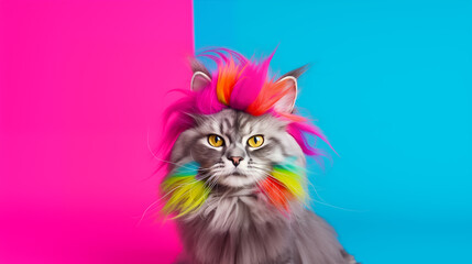 happy pet with crazy hairstyle on a bright colorful background.pop art style. creative concept for pet grooming salon. copy space
