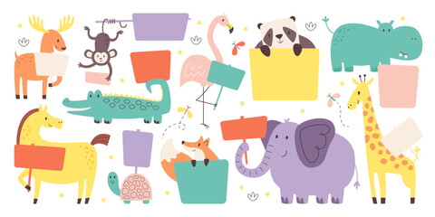 Cute wild zoo animals holding blank banners empty signs with copy space vector illustration © Mykola Syvak