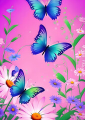 butterflies and flowers flying around pink background, daysies, purple and blue and green colors, beautiful , daisy, very beautiful illustration