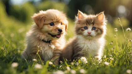 Cute cat and dog on a lawn with grass