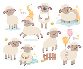Cute fluffy sheep cartoon character baaing, sleeping, greeting with birthday holiday isolated set