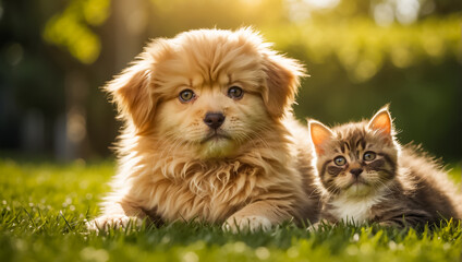 Fototapeta na wymiar Cute cat and dog on a lawn with grass