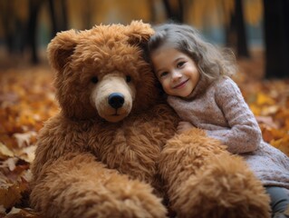 Little girl hugging a big teddy bear in the autumn park.