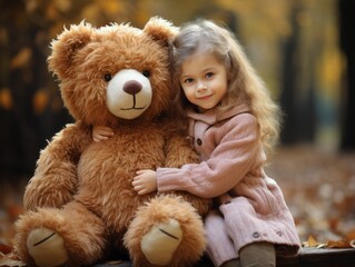 Little girl hugging a big teddy bear in the autumn park.