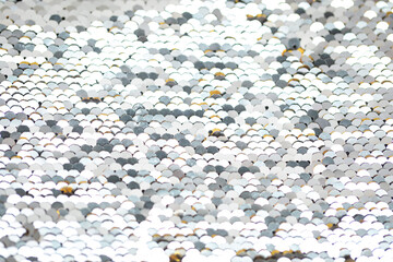 Silver round shaped sequins attached to the fabric. Background texture