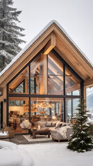 A chalet with a glass roof and a snowy American finish outside the fireplace