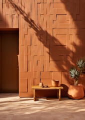 A small step up onto a wooden wall, in the style of terracotta, deco-inspired geometric forms