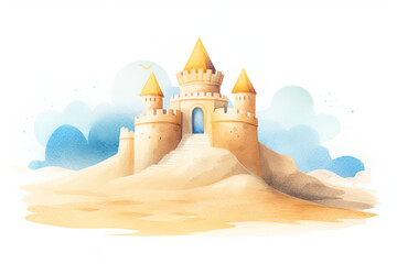 A watercolor realistic detailed illustration of a cute sand castle in light beige and light blue and yellow pastel hue, spring vibe, warm pastel tone, graphic art style