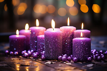 Obraz na płótnie Canvas Abstract Advent, Four Purple Candles With Soft Blurry Lights And Glittering On Flames