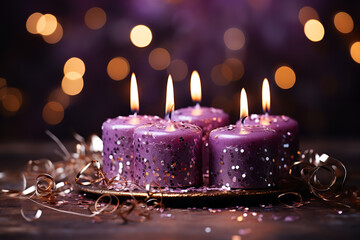 Obraz na płótnie Canvas Abstract Advent, Four Purple Candles With Soft Blurry Lights And Glittering On Flames