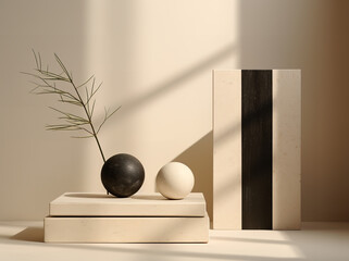 An angular sculpture and two square boxes standing next to eachother, in the style of light beige and black