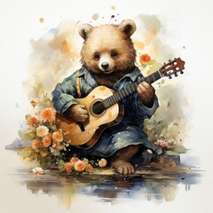Fantasy portrait of a bear dressed in a traditional outfit and playing a guitar among an ornate room filled with flowers and vintage items - obrazy, fototapety, plakaty